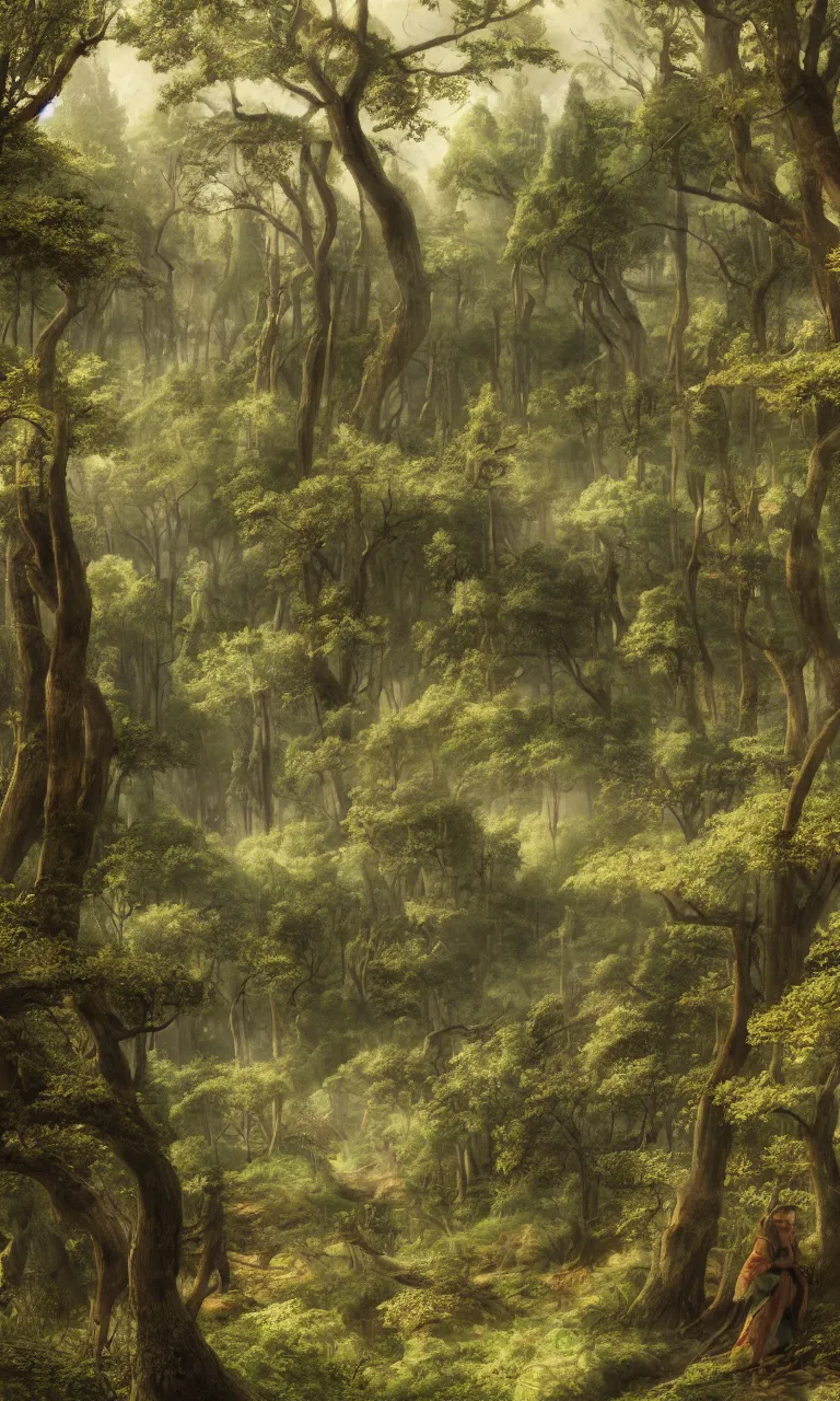 Prompt: A detailed matte painting of a huge forest in Spring in the 15th Century, art by Wylie Beckert and Eric Fortune, highly detailed award-winning masterpiece with incredible and beautiful details, trending on ArtStation