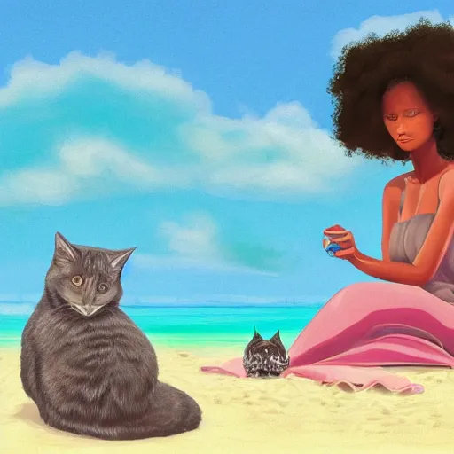 Image similar to a somali woman with curly hair, relaxing on the beach, contemplative, two cats on the beach, muted colours, beautiful, digital painting, illustration, high quality, detailed, dreamy