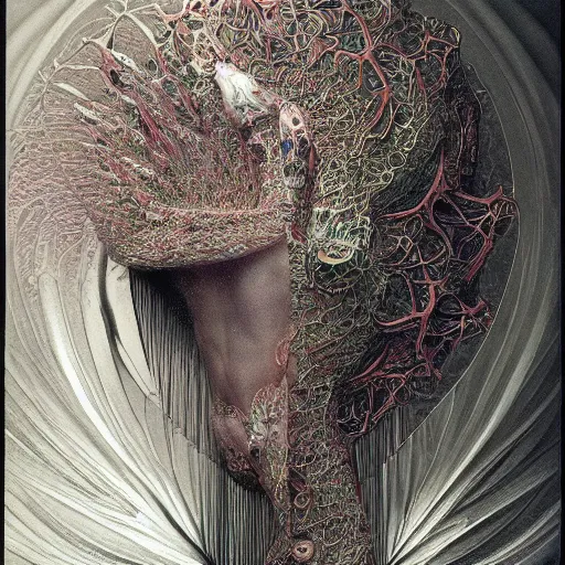 Prompt: a creature from a parallel universe by alexander mcqueen, zdzisław beksinski and alphonse mucha. highly detailed, hyper - real, very beautiful, intricate fractal details, very complex, opulent, epic, mysterious, trending on deviantart and artstation