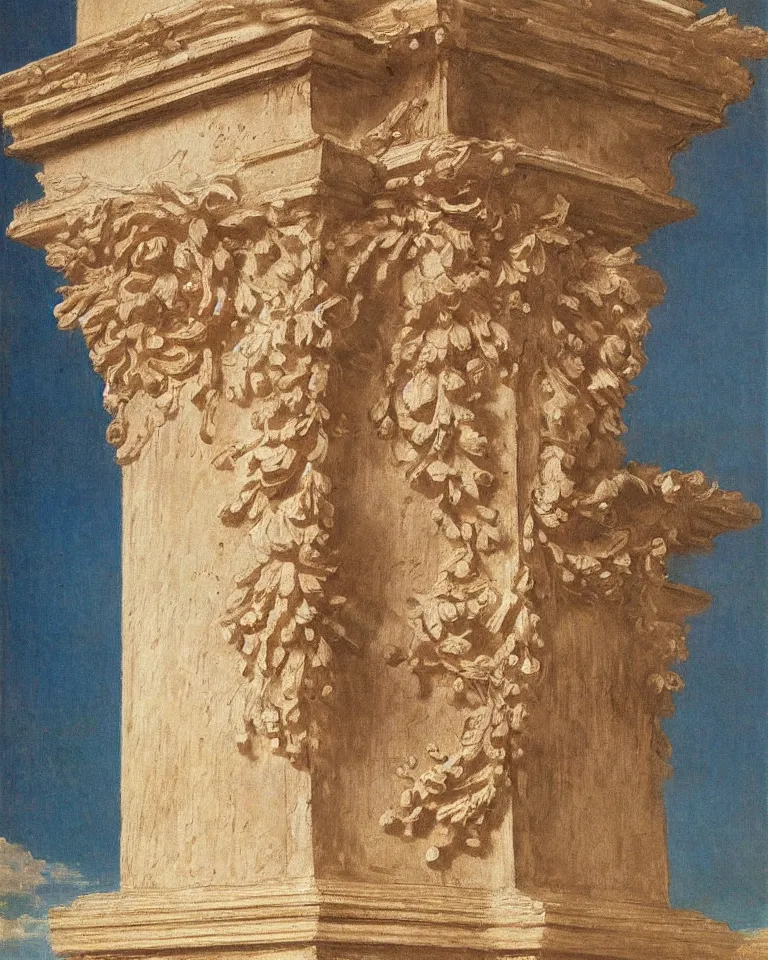 Image similar to achingly beautiful painting of intricate ancient roman corinthian capital on coral background by rene magritte, monet, and turner. giovanni battista piranesi.