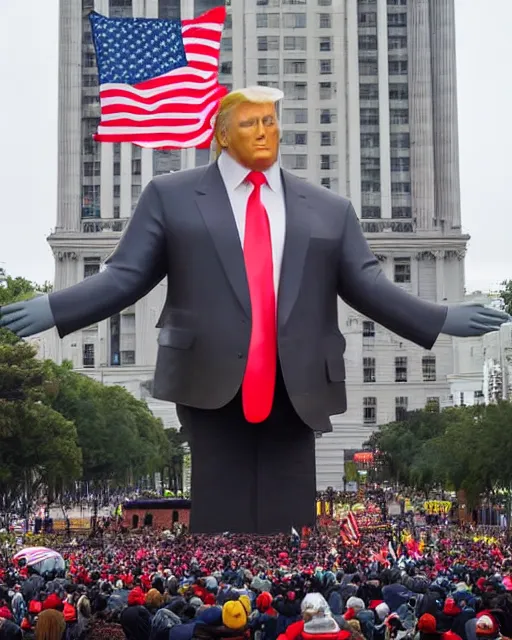 Prompt: a gigantic 1 0 0 0 foot tall bronze statue of a president donald trump, thousands of tiny onlookers, photorealistic, atmospheric