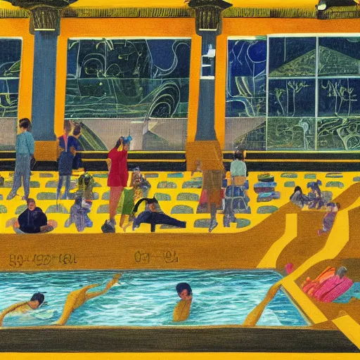 Prompt: when the art knowledge of ai trained by millennials, is like swimming in the yellow tinted wading pool at the community swimming center