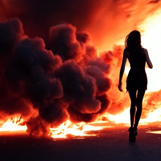 Prompt: Savage photo of a pretty! woman wearing black walking away from an explosion, majestic!!