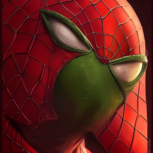 Image similar to ultra realistic illustration, wide angle shot, kermit as spider man, intricate, elegant, highly detailed, digital painting, artstation, concept art, smooth, sharp focus, by artgerm and greg rutkowski and alphonse mucha