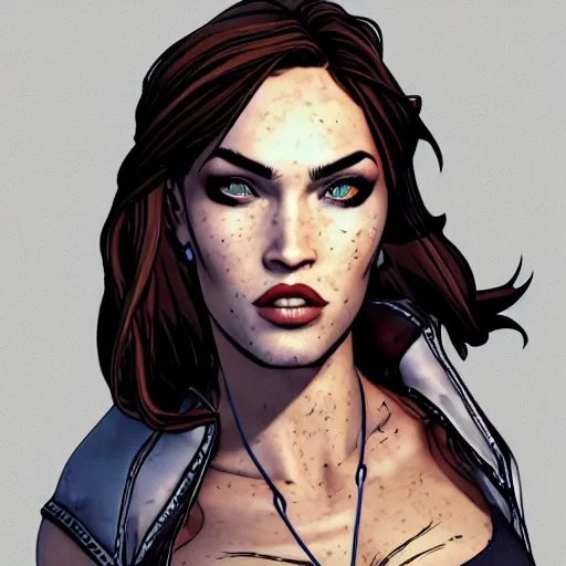 Image similar to megan fox portrait, borderlands, tales from the borderlands, the wolf among us, comic, cinematic lighting, studio quality, 8 k