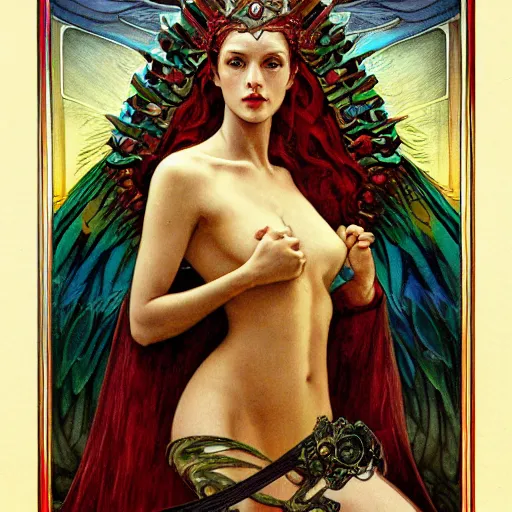 Prompt: a tarot card of quetzalcoatl, fantasy, d & d, intricate, elegant, highly detailed, digital painting, artstation, concept art, matte, sharp focus, illustration, art by john collier and albert aublet and krenz cushart and artem demura and alphonse mucha