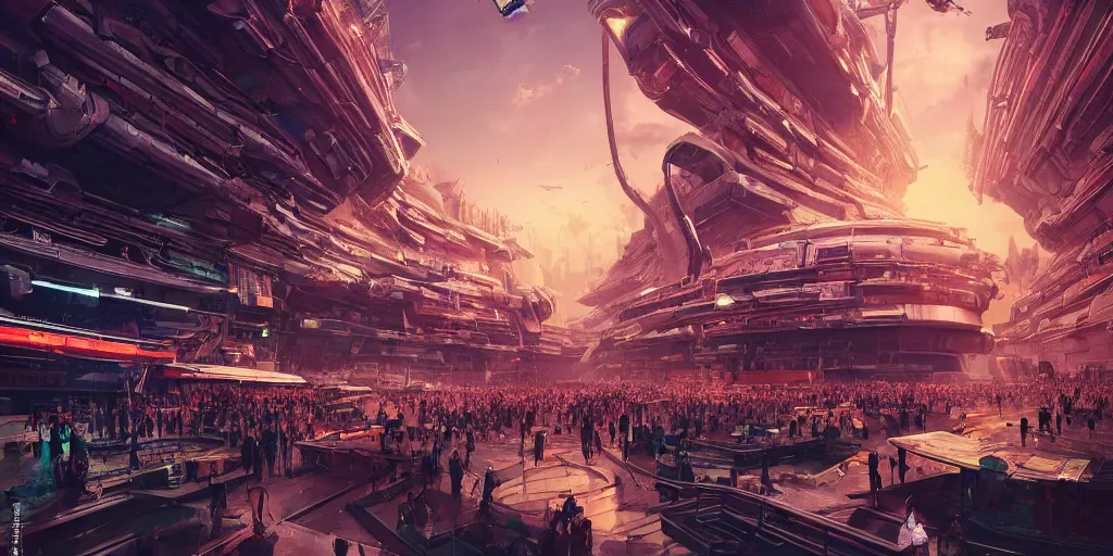 Prompt: a huge bustling futuristic space station at the edge of the universe, filled with people and shops and bars and neon signs, where the horizon of apocalypse of the gods clashes upon, megastructure, immaculate highly detailed gloss rendering, marc simonetti, shinkai makoto, federico pelat, alena aenami, donna haraway