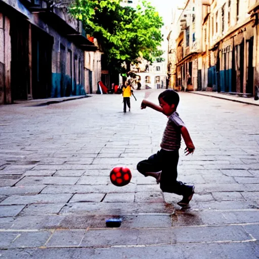 Image similar to a boy playing with a ball in the street 2 0's style