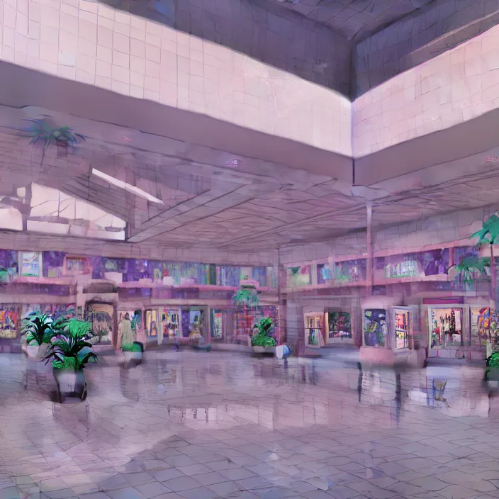 Image similar to vaporwave 9 0 s dreamy empty shopping mall, highly detailed, 3 d render, vray, octane, realistic lighting, photorealistic