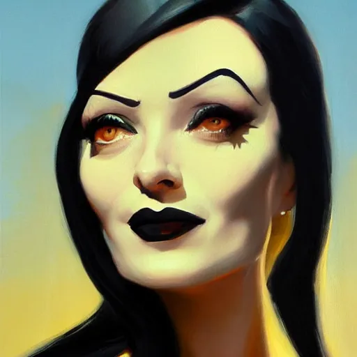 Image similar to greg manchess portrait painting of morticia from addams family as overwatch character, medium shot, asymmetrical, profile picture, organic painting, sunny day, matte painting, bold shapes, hard edges, street art, trending on artstation, by huang guangjian and gil elvgren and greg rutkowski