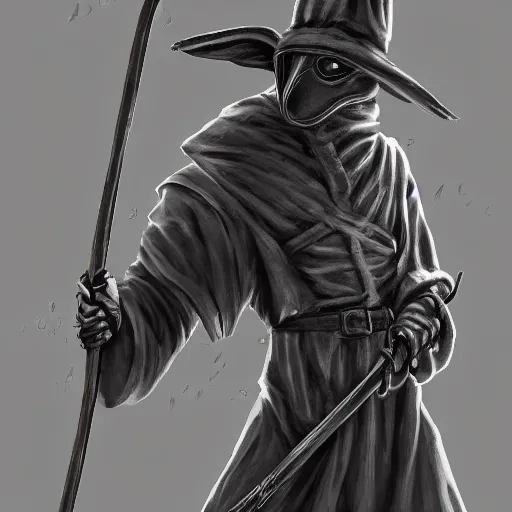 Prompt: plague doctor holding a huge scythe, plague doctor mask, monster design, fantasy. illustration, hyperdetailed, artstation, cgsociety, 8 k