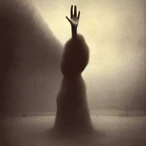 Image similar to vintage snap photography of realistic walking faceless beast-god with many long arms, a huge body covered with deep furs by Zdzisław Beksiński, odd eye, dark fantasy, fat, unbalanced , blur, haze, fog, vignetting, platinum printing