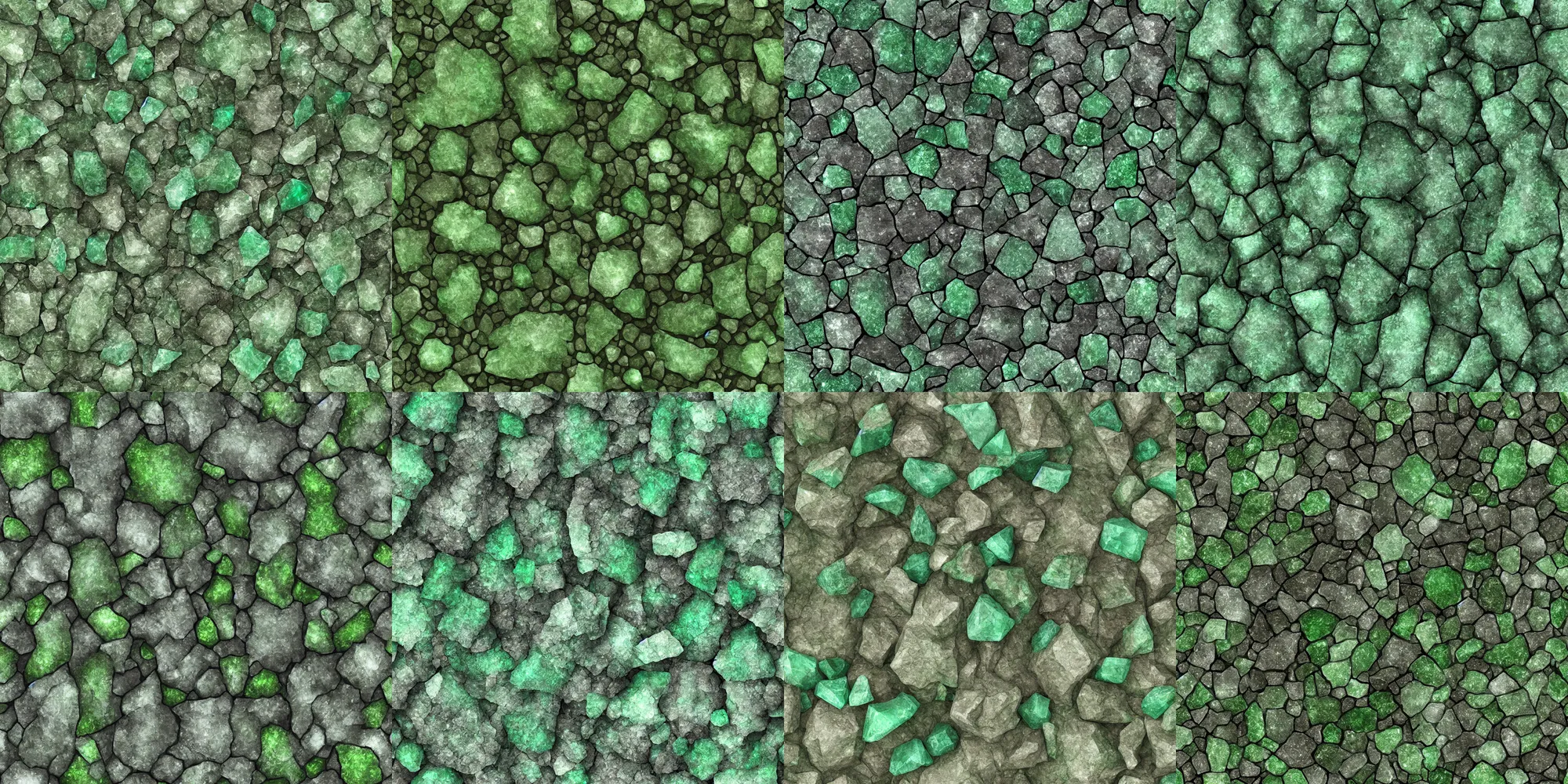 Prompt: green crystals and gemlike stone terrain texture, detailed terrain texture, shiny, 2 d texture, seamless