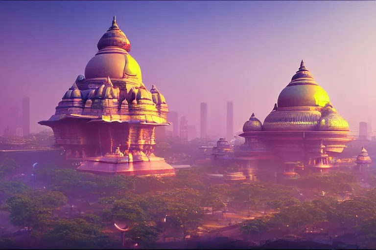 Image similar to beautiful futuristic new delhi, sci - fi ganesha!! building, kalighat flowers, octane highly detailed cinematic, stephen shore & john j. park, soft morning light, wide shot, aerial shot, uhd 8 k, shallow depth of field