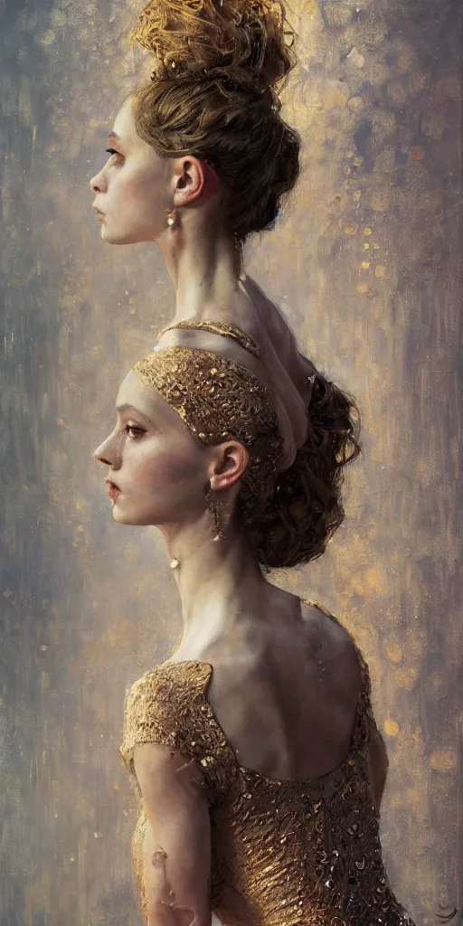 Image similar to an intricate portrait painting of an artistic pose young beautiful ballerina, klimt golden motives and textures, hyper - detailed, octane render, vivid colors, artstation, by jeremy mann, by gustav klimt