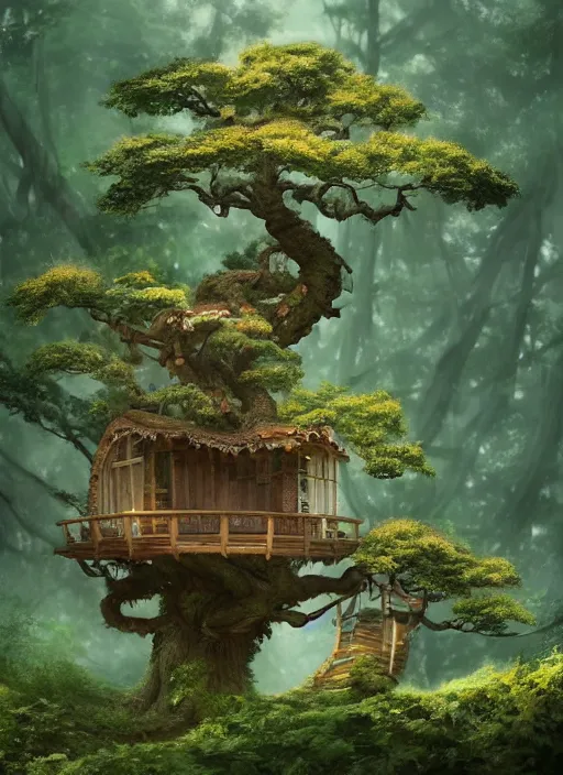 Image similar to beautiful tree house in a gnarly bonsai in a ancient forrest, dynamic lighting, cinematic, establishing shot, extremly high detail, foto realistic, cinematic lighting, post processed, concept art, artstation, matte painting, style by ghibli, myazaki