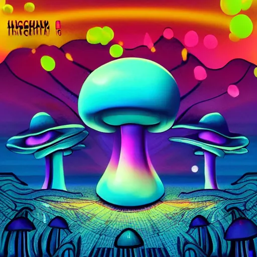 Image similar to mushrooms in the place of flying saucers, hallucinogenic, psychedelics, enhanced vision, vaporwave, future funk, japanese - inspired