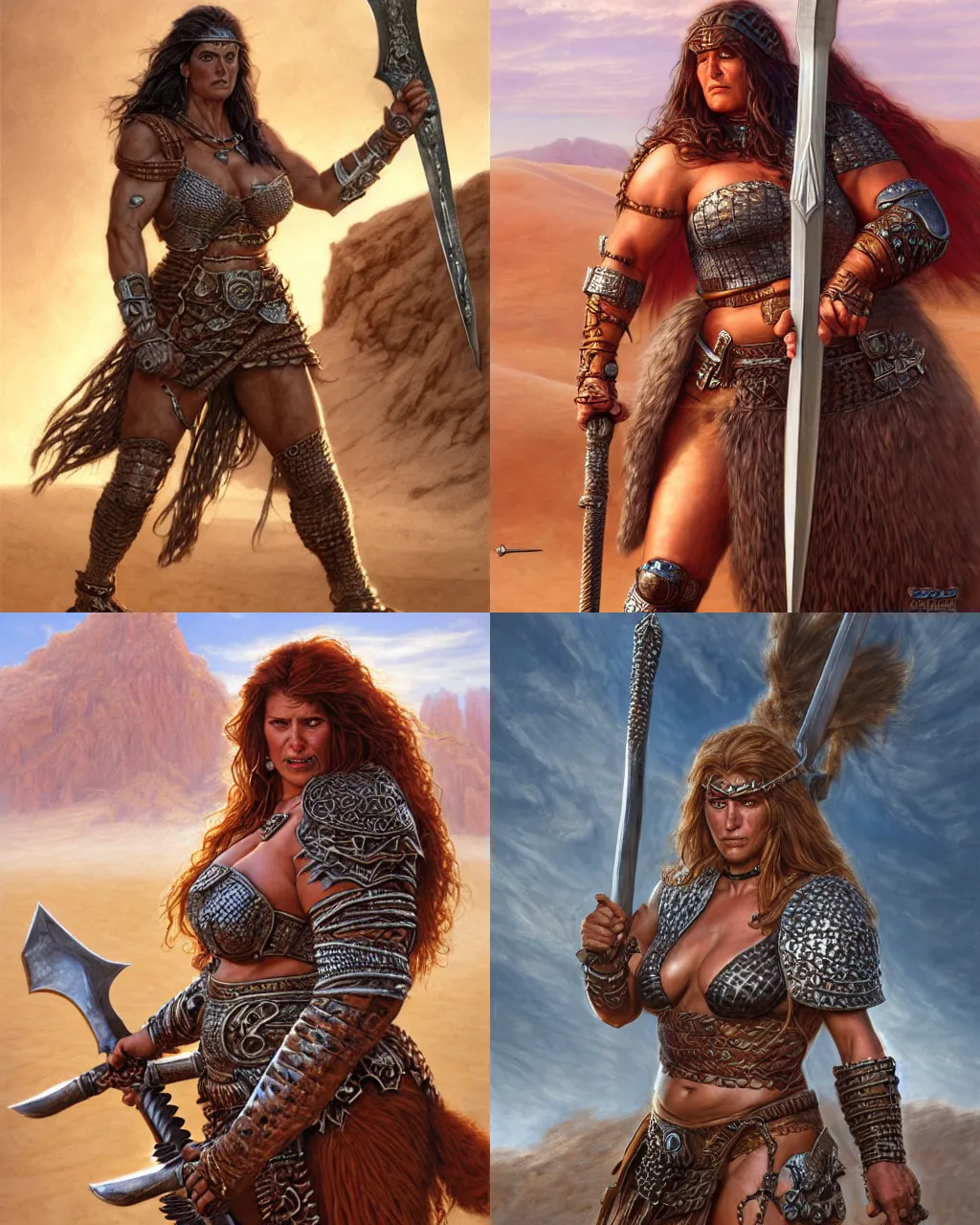 Prompt: big and strong barbarian woman wielding a sword, in the desert, wearing chainmail armor, by jeff easley and donato giancola, ultrarealistic, highly detailed face, soft lighing, spellfire, sharp focus, cinematic lighting, artstation, powerful presence