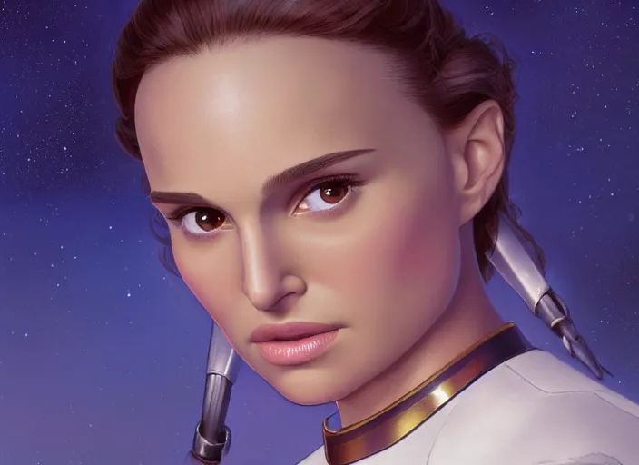 Image similar to a disney film still of natalie portman as a star trek officer, finely detailed features, closeup of the face, perfect art, dusk, blue hour, gapmoe yandere grimdark, trending on pixiv fanbox, painted by greg rutkowski, makoto shinkai, takashi takeuchi, alphonse mucha, akihiko yoshida