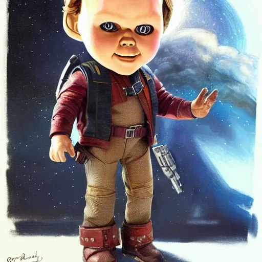 Image similar to the actor chris pratt as star lord sitting beside the doll chucky from child's play, inside a starship, oil painting, by greg rutkowski