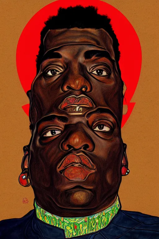 Image similar to a portrait of biggie small in style of egon schiele, masterpiece, hyperdetailed, complex, intricate, 4 k, trending on artstation