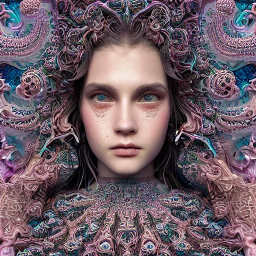 Image similar to wonderful princess of fractals and patterns, beautiful face, hyper detailed, background intricate and detailed, ornate 8 k gorgeous intricate detailed, octane render, psychedelic