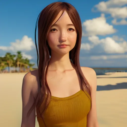 Image similar to Render of a very beautiful 3d anime girl, long hair, hazel eyes, cute freckles, full round face, short smile, cute sundress, golden hour, serene beach setting, medium shot, mid-shot, highly detailed, trending on Artstation, Unreal Engine 4k