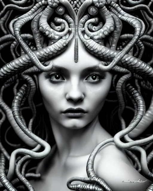 Prompt: mythical dreamy underwater artistic black and white photo of a translucent beautiful young female angelic - medusa - vegetal - doll, highly detailed, intricate crystal ivy jelly ornate, poetic, translucent algae ornate, digital art, octane render, 8 k artistic photography, photo - realistic, hg giger flora borsi