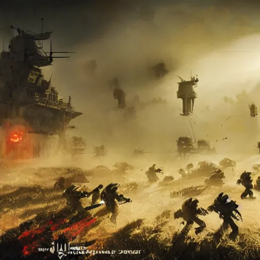 Image similar to bloody war scene, explosions, soldiers running, fog, sun beams, big machines dieselpunk style, no text, jakob rozalski style