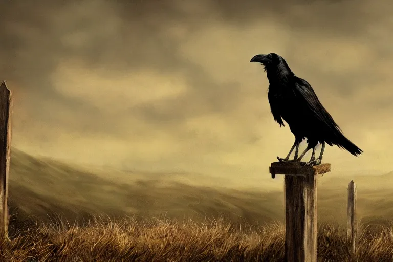 Image similar to a raven sitting on a fence post, grimdark matte fantasy painting, cinematic lighting, DeviantArt Artstation, by Brom and Linda Ravenscroft