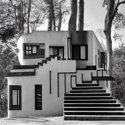 Prompt: postmodern house with mc escher like stairs, realistic award - winning architecture photograph