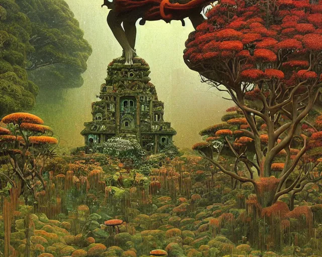 Prompt: a pagan luscious garden with amazing little altars and japanese plants with a gigantic statue of an ancient god stretching its arms above the garden by beksinski, digital art, oil painting, colorful, artstation, australian tonalism escher
