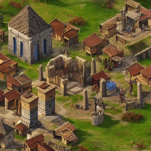 Prompt: photoreal, age of empires two, isometric view of medieval town, 4k, high detail,