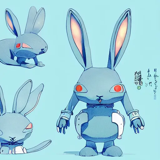 Prompt: artstation, by hayao myazaki, concept art, digital art, light blue, 2 - dimensional, 2 d, a rabbit robot