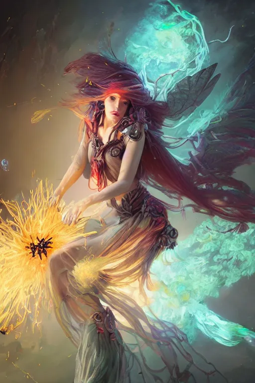 Image similar to beautiful girl necromancer, witch - doctor exploding into flowers fire crystal dress, angels, 3 d render, green magic, hyper realistic detailed portrait, holding electricity and birds, ruan jia, wlop. scifi, fantasy, magic the gathering, hyper detailed, octane render, concept art by artgerm, peter mohrbacher