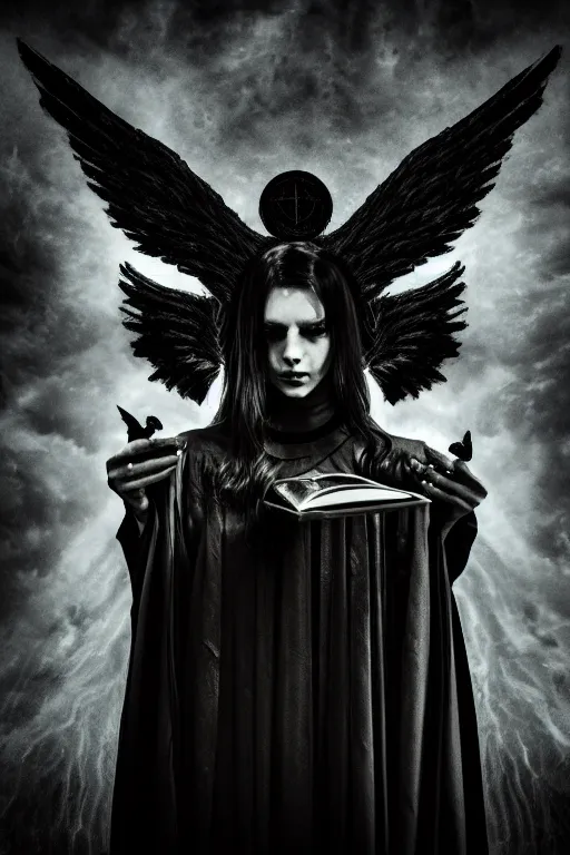 Prompt: dlsr photo illustration of summoned dark angel holding a book of necronomicon, symmetrical, cinematic, sharp focus, 4 k, ultra hd, sense of awe, sinister demonic atmosphere, dreadful, forbidden knowledge, old gods. demonology journal cover