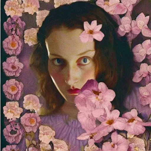 Image similar to a lot of flowers morphing in a beautiful girls face, film still by wes anderson, depicted by balthus, limited color palette, very intricate, art nouveau, highly detailed, lights by hopper, soft pastel colors, minimalist