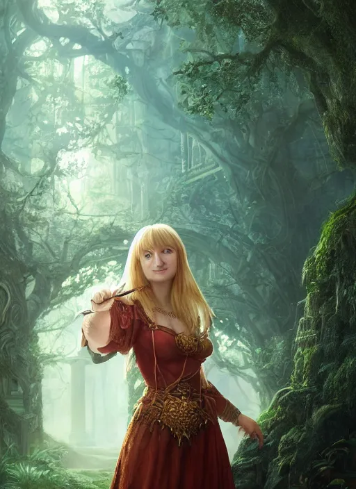 Prompt: Beautiful art portrait of Melissa Rauch as a fantasy gothic priestess in a bright temple surrounded by lush forest, atmospheric lighting, intricate detail, cgsociety, hyperrealistic, octane render, RPG portrait, ambient light, dynamic lighting