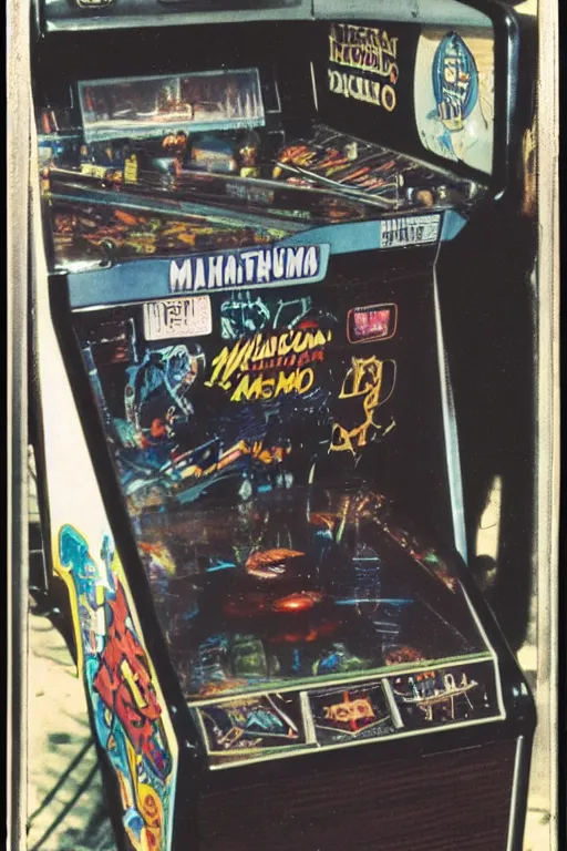 Image similar to vintage pinball machine, arcade cabinet, mugwum, phantom, nightmare, 1 9 7 0 s, polaroid photo