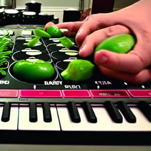 Image similar to film still of fresh produce making beats on an mpc