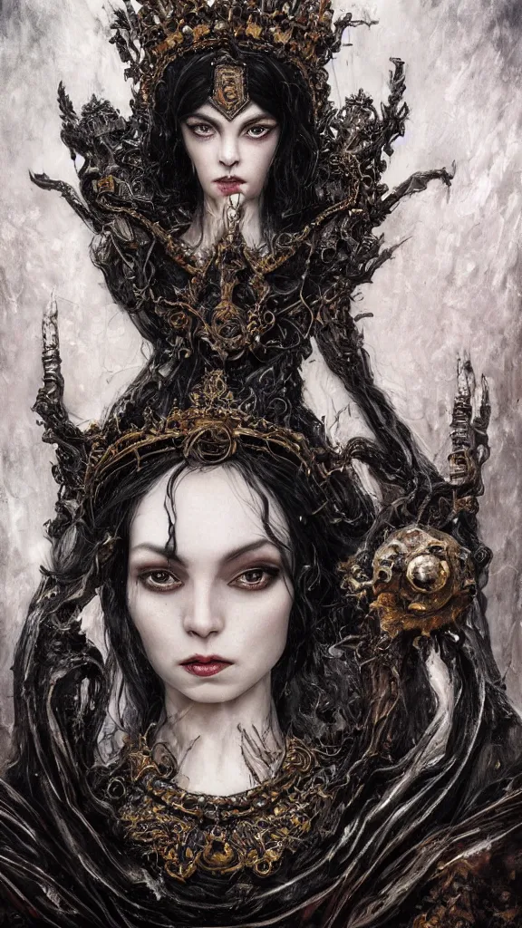 Image similar to a beautiful black haired woman with pale skin and a crown on her head sitted on an intricate metal throne, intimidating woman, large black eyes, high forehead, smooth pale skin, ethereal skin, ominous, eldritch. oil painting by nuri iyem, james gurney, james jean, greg rutkowski, highly detailed, soft lighting, chiaroscuro