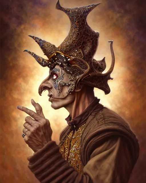 Image similar to front shot of a court jester character, hyperdimensional, intricate, elegant, highly detailed, centered, (((artstation, concept art, smooth, sharp focus, artgerm, Tomasz Alen Kopera, Peter Mohrbacher, donato giancola, Joseph Christian Leyendecker, WLOP, Boris Vallejo))), mugshot!!!!!, ugly!!!!!!, octane render, nvidia raytracing demo, grainy, muted