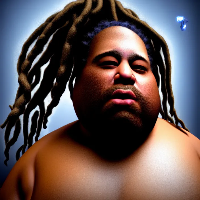 Image similar to hyperrealistic mixed media portrait of a moridly obese black man with dreads wearing a gi, doing martial arts, stunning 3d render inspired art by P. Craig Russell and Barry Windsor-Smith + perfect facial symmetry + dim volumetric lighting, 8k octane beautifully detailed render, post-processing, extremely hyperdetailed, epic composition, grim yet sparkling atmosphere, cinematic lighting + masterpiece, trending on artstation