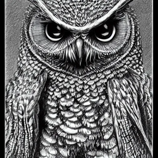 Image similar to A wise owl by Kentaro Miura, highly detailed, black and white