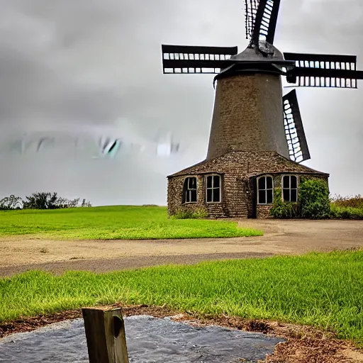 Prompt: a wishing well next to a windmill during a storm