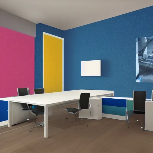 Image similar to interior of a modern office, pop art wallpapers, blue color scheme on furniture, photorealist, 4 k