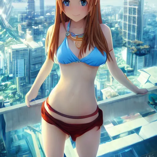 Image similar to seen from above : a giant macro very beautiful young yuuki asuna, full body, long wavy blond hair, sky blue eyes, full round face,, bikini, miniskirt, stepping on a miniature city, cinematic wallpaper by stanley artgerm lau