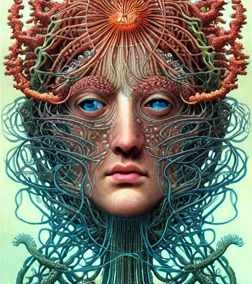 Image similar to hyperrealistic detailed underwater face portrait of the beautiful god of the jellyfish with an intricate headgear of corals, sea kelp, sea plants, fish, starfish, jellyfish, art by ernst haeckel, victor ngai, john william godward, android jones, gothic, neo - gothic, ornamental, beautiful deep colours,