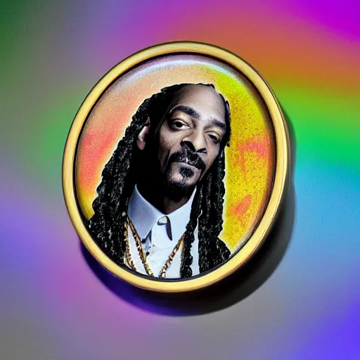 Prompt: snoop dog in elder rings displaying head of president trump, photo realistic, ultra 4 k, stained glass