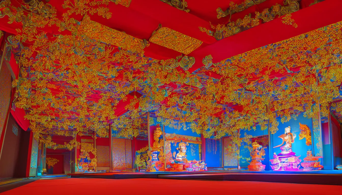 Image similar to volumetric lighting, flowing shimmering brilliant colourful fabrics, emerging sounds and an ancient male bearded face , inside a huge traditional Japanese Royal ornate temple , full colour , upscale , 4k